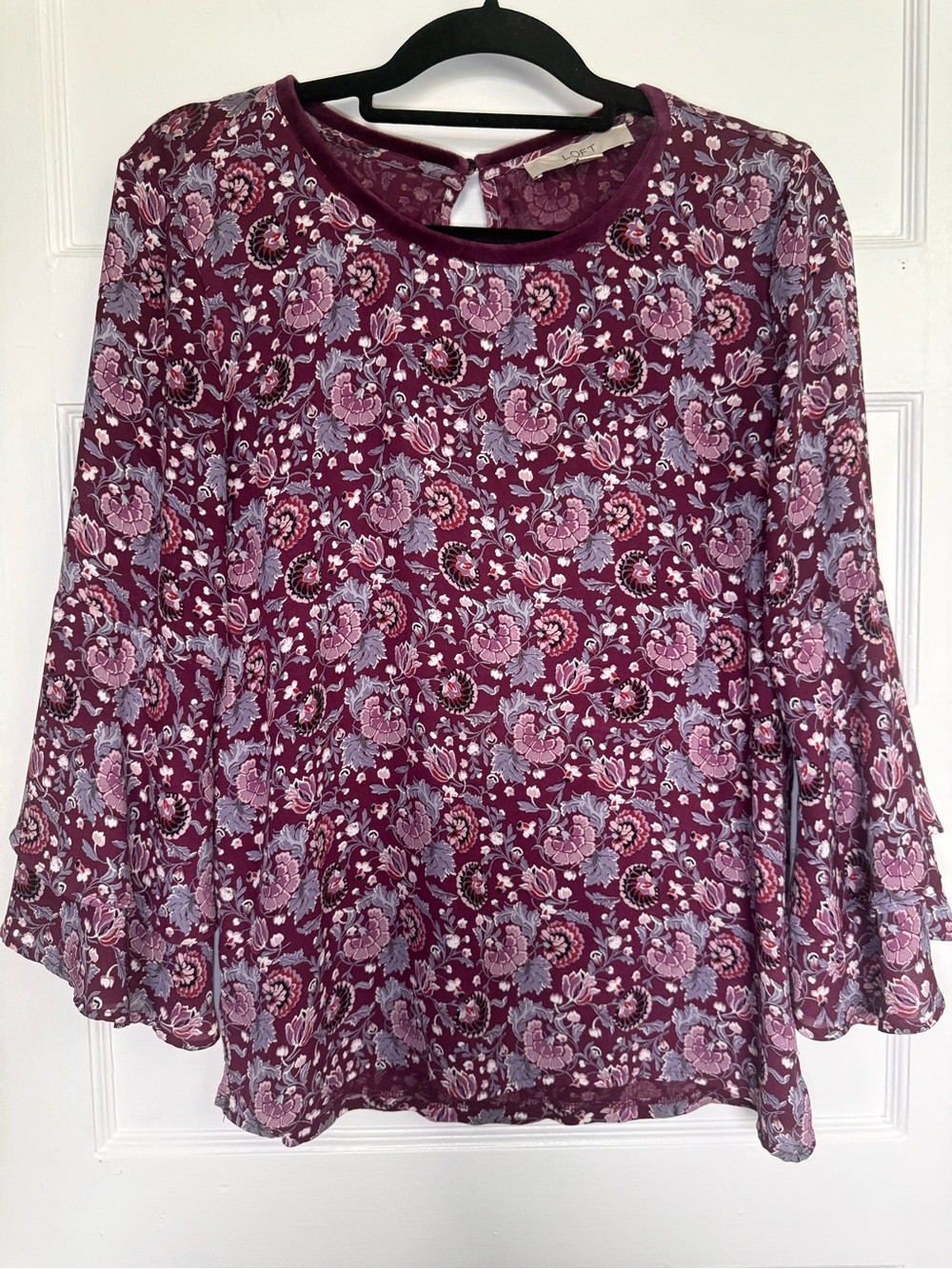 LOFT Burgundy Floral Paisley Bell-Sleeve Blouse Fall Boho Chic S